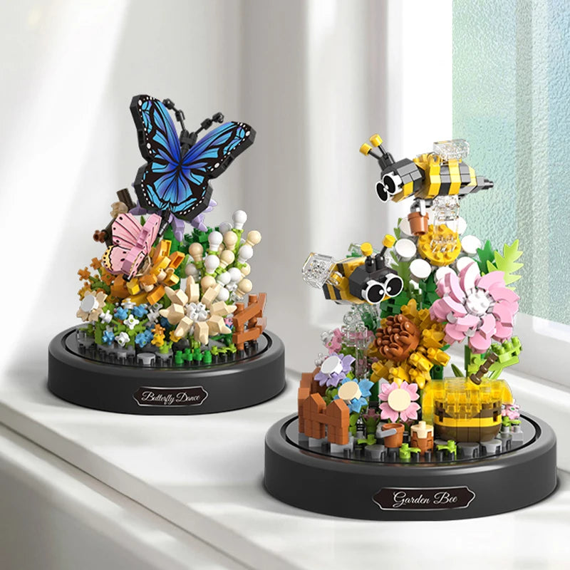 Blocos de Construção Bonsai para Crianças Abelha, Borboleta, Flor, Inseto, Planta, Tijolos Modelo em Vidro, Cobertura Contra Poeira, Brinquedo DIY, Presente de Natal