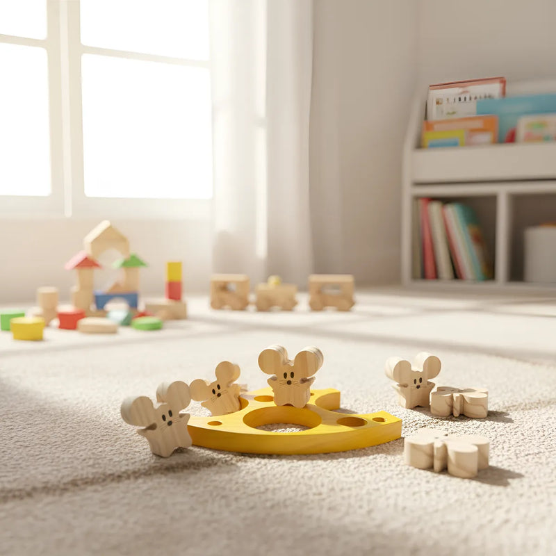 Queijo De Madeira Com Ratinhos Brinquedo Pedagógico