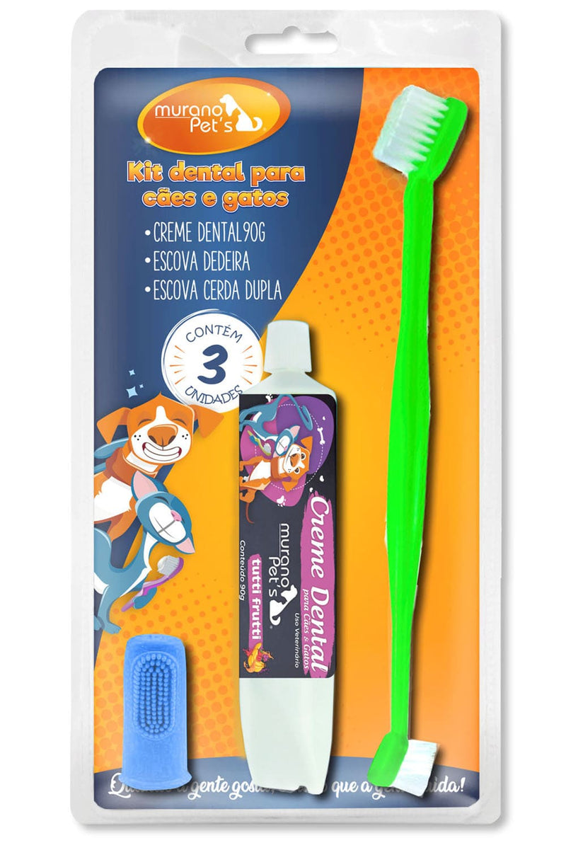 Kit Dental Creme Dental Tutti-Frutti, Escova e Dedeira para Cães e Gatos