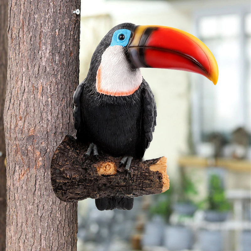 Tucano Resina  estátua de jardim, escultura em pé de animal realista, ornamentos de árvore, estatueta de pássaro de resina tou