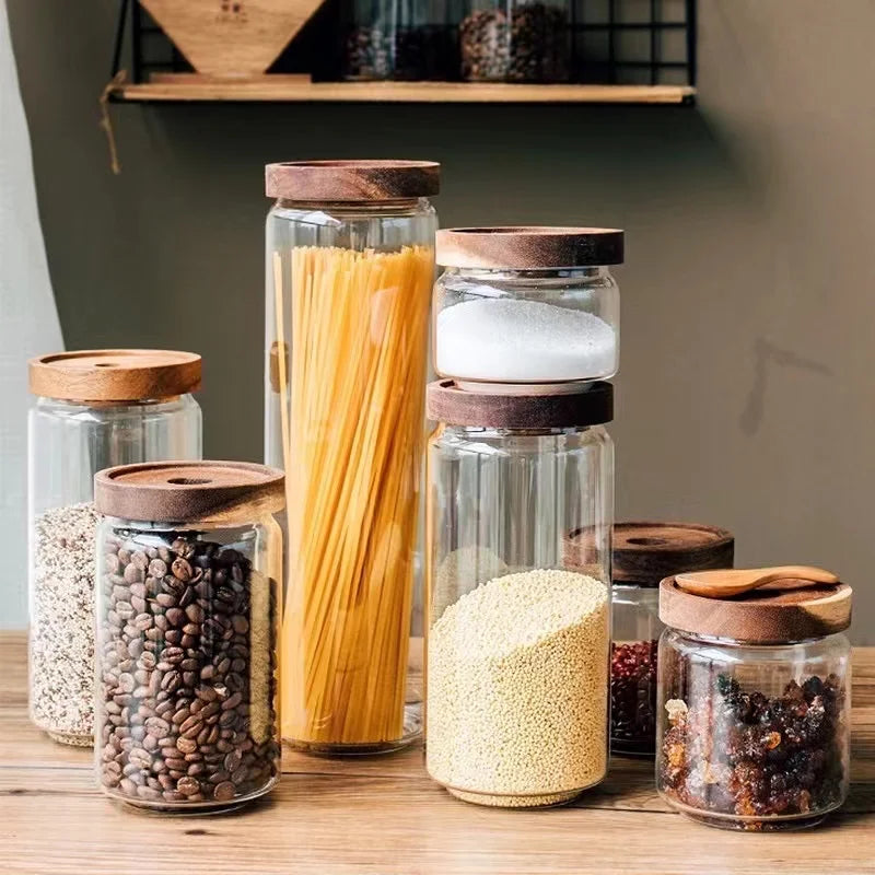 Frasco De Armazenamento De Alimentos De Vidro com Tampa De Madeira, Recipiente Selado, Pote De Doces, Feijão, Café, Macarrão, Grão, Aveia, Cozinha