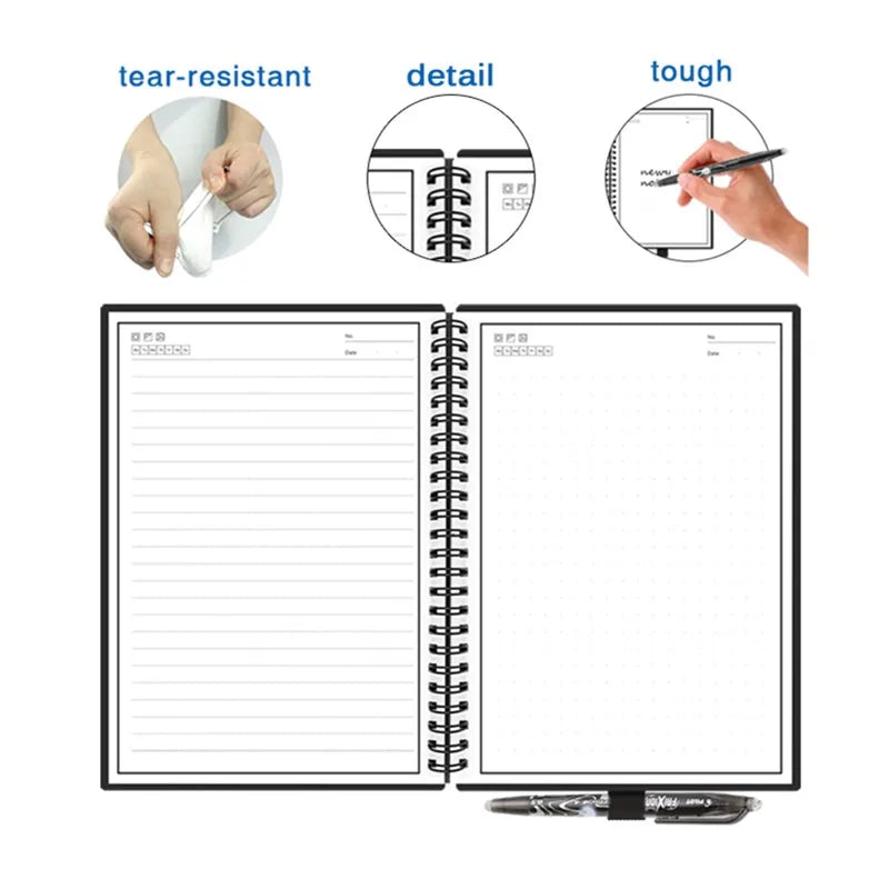 Caderno Inteligente Reutilizável A5/B5 – Apagável, Com Caneta, Ideal para Estudos, Escritório e Desenhos
