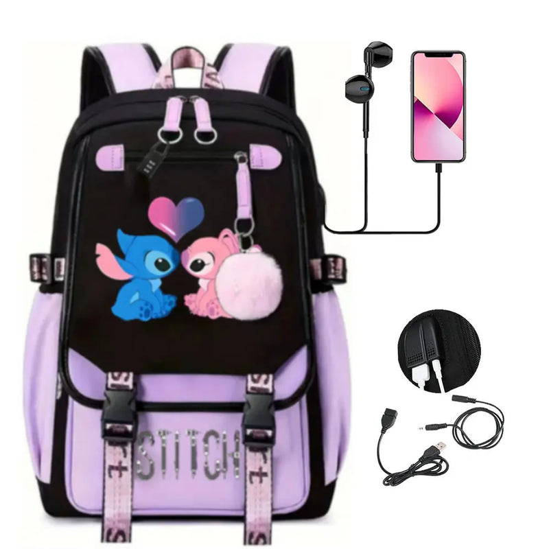 Mochila Escolar Disney Lilo & Stitch – Mochila com Carregamento USB para Meninos e Meninas