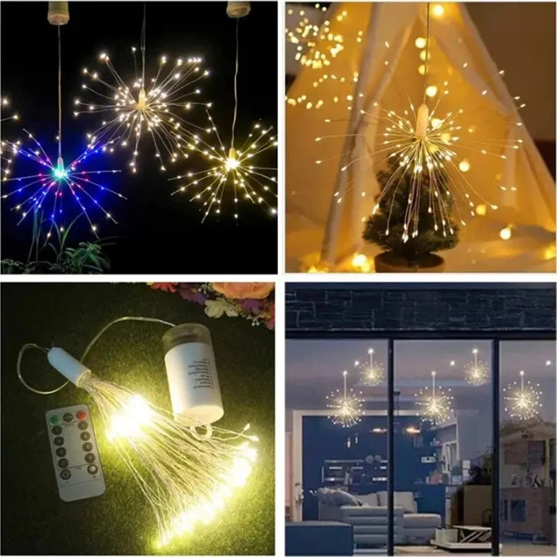 Decorações de Natal - Luminária Dandelion Fogos de Artifício com Luzes LED de Festão, 200 LEDs, Controle Remoto, Cordão de Luzes com 8 Modos