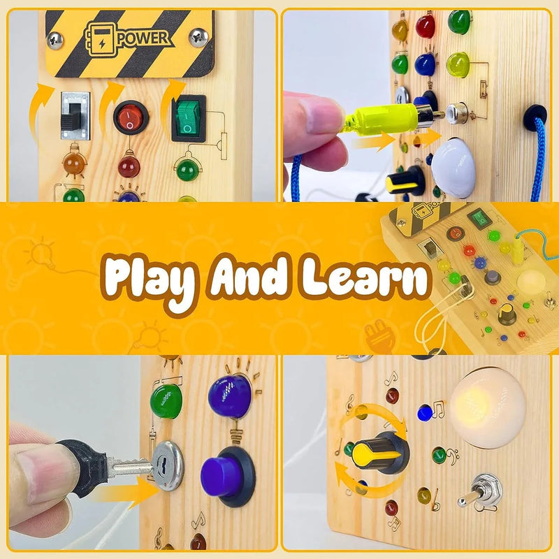 Montessori ocupado placa sensorial brinquedos de madeira com interruptor de luz LED placa de controle atividades de viagem jogos infantis para 2-4 anos de idade