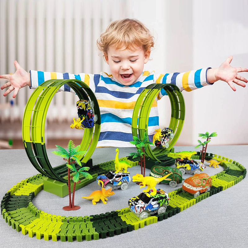 Conjunto de carro de brinquedo dinossauro elétrico mágico para crianças, pista de corrida ferroviária, conjunto de carro, luz flash flexível, alta qualidade