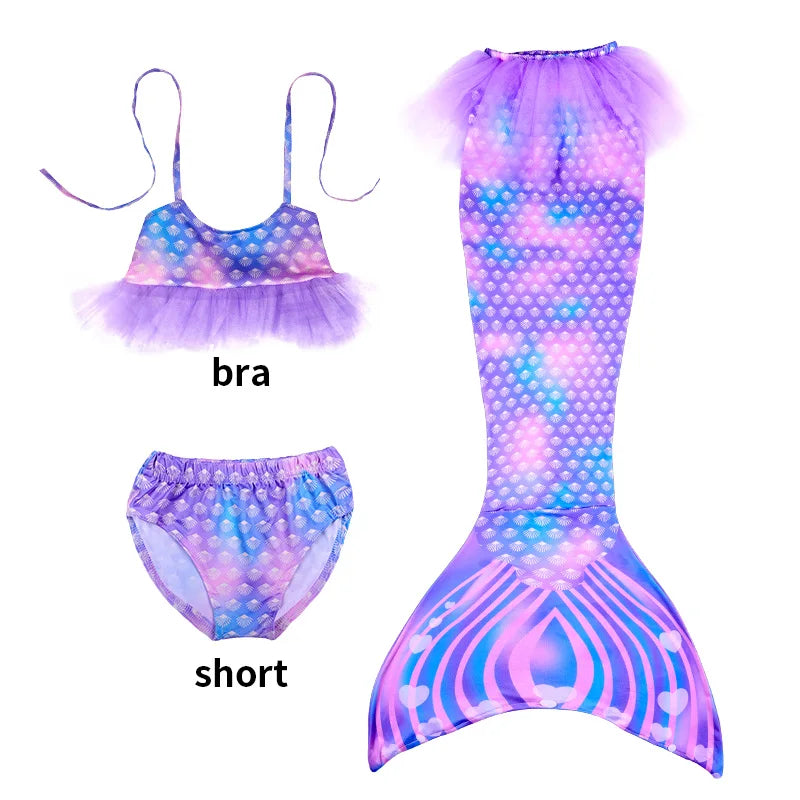 Conjunto de 3 Peças de Fantasia de Sereia para Meninas - Maiô Infantil para Festa na Piscina e Cosplay (4 a 13 anos)