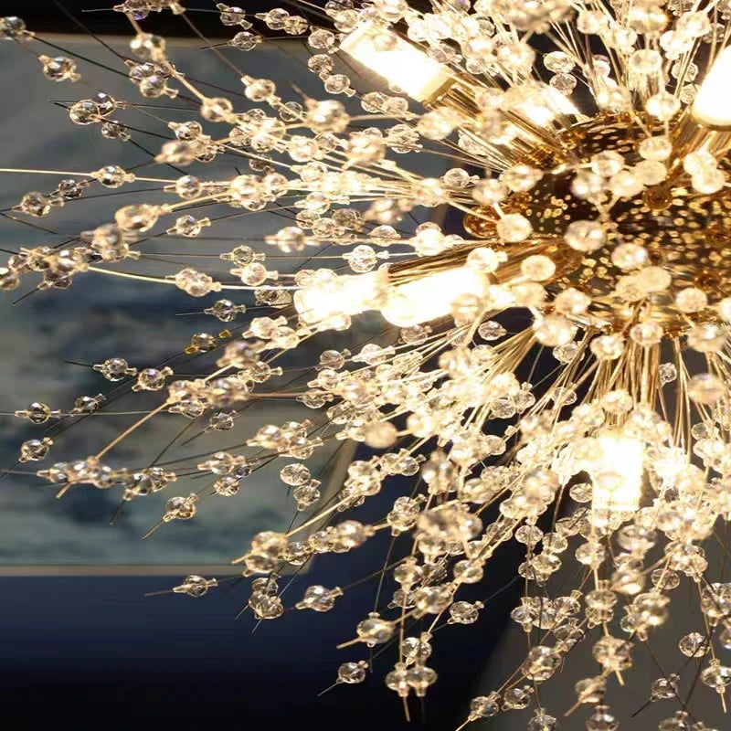 Lustre de cristal de estrela moderno, iluminação LED dente de leão, restaurante, sala estar, luminária dinamarquesa