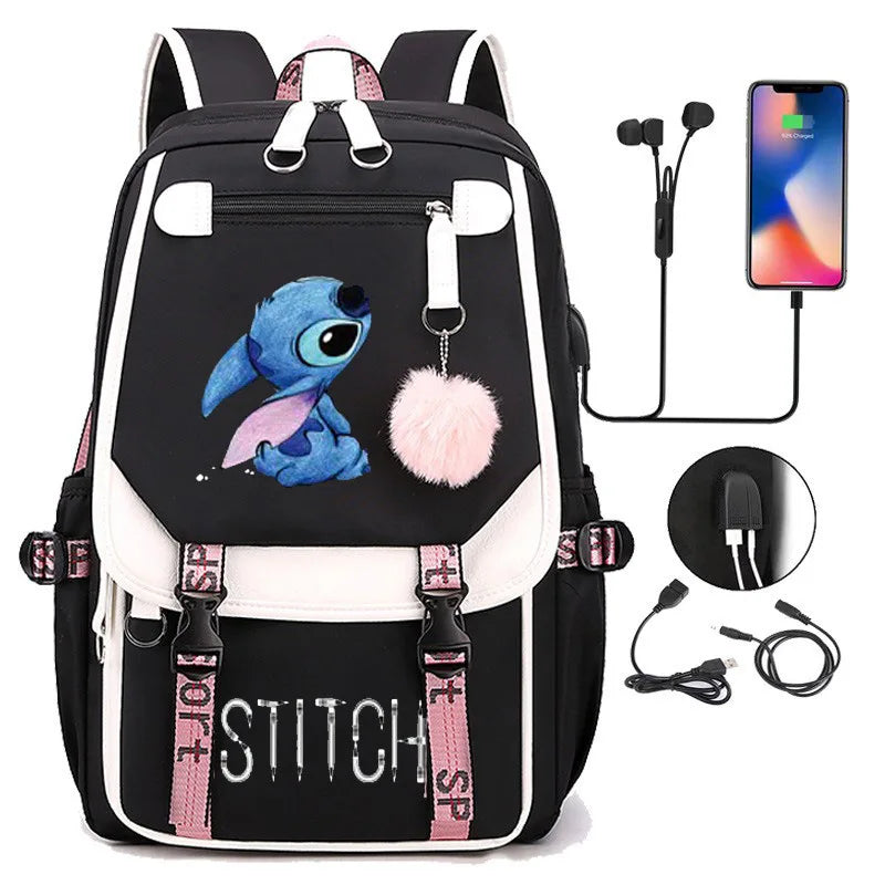 Mochila Escolar Disney Lilo & Stitch – Mochila com Carregamento USB para Meninos e Meninas