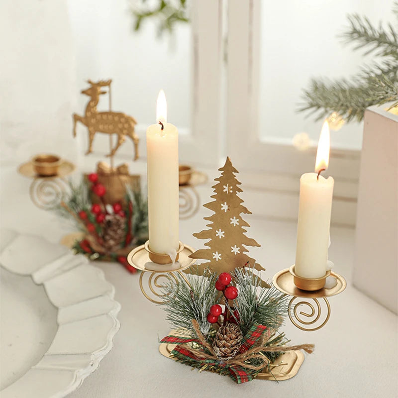 Suporte para Velas de Natal – Porta-Velas em Forma de Papai Noel, Rena e Árvore em Ferro Dourado para Decoração de Mesa