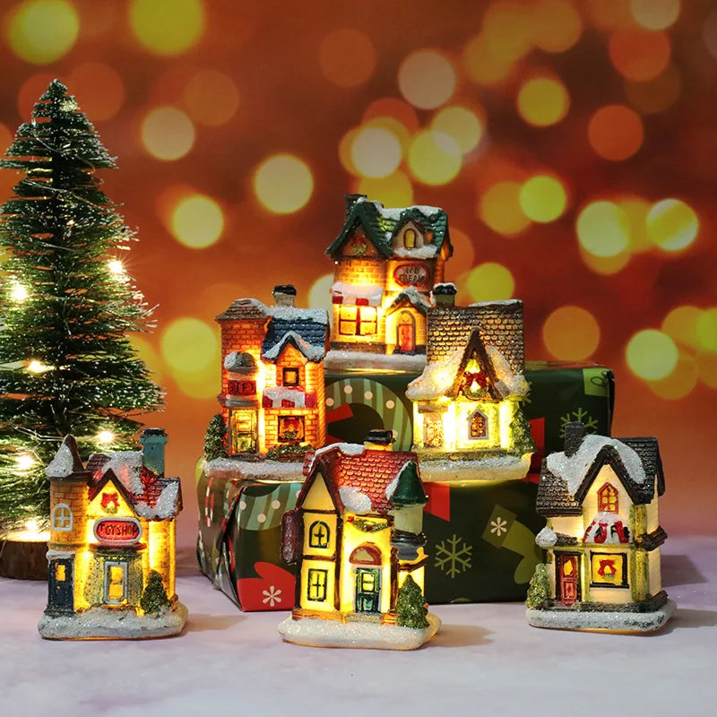 Luminária LED Decorativa de Natal - 1 a 6 Peças - Castelo Iluminado e Casa de Neve Esculpida para Decoração de Natal e Ano Novo 2024