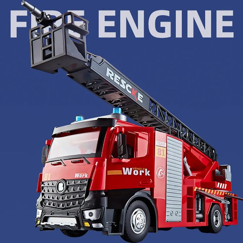 Caminhão de bombeiros fundido de metal, caminhão de bombeiros de brinquedo com pulverização de água com som e luz simulados, resgate retrátil