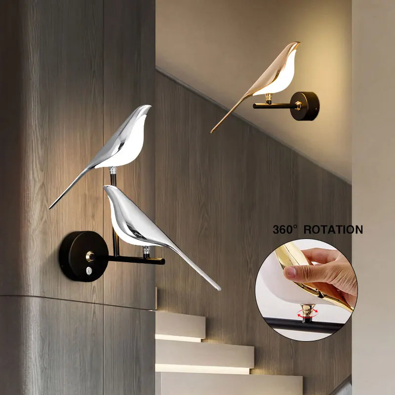 Luzes de parede LED de pássaro prateado, rotação 360°, interior, lâmpadas de parede LED para quarto, corredor, AC85-265V