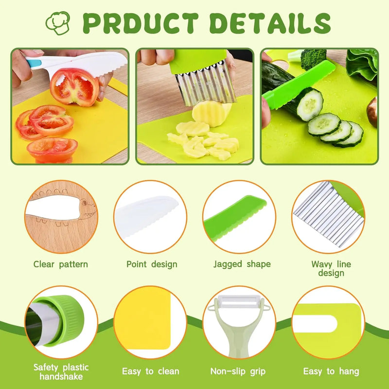 Ferramentas de cozinha montessori para crianças, conjuntos de cozinha para crianças, seguro para cozinhar de verdade, cortador de rugas, tábua de cortar, 13 peças