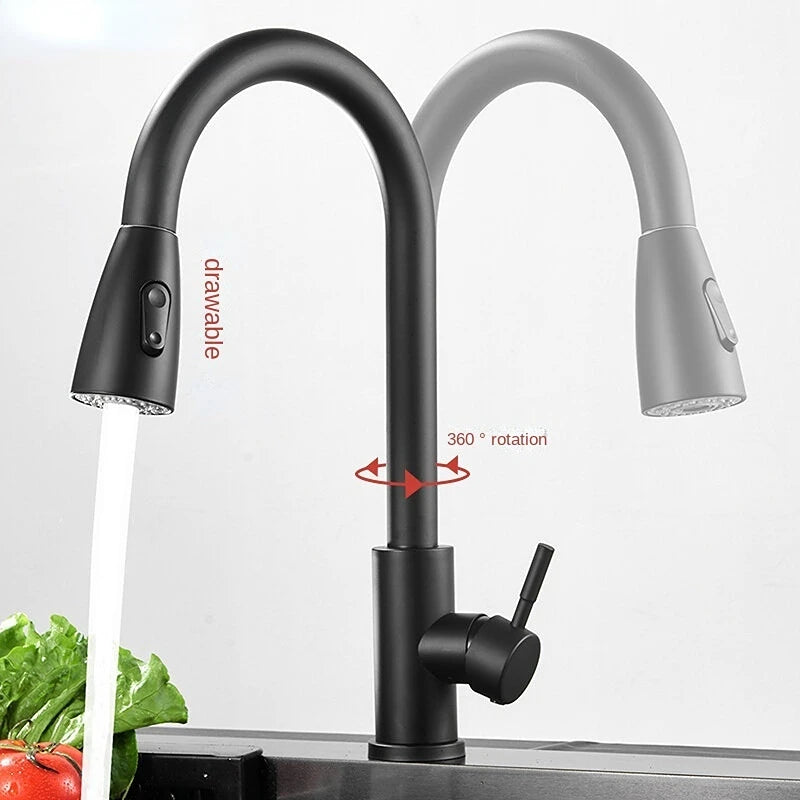 Torneira de pia de cozinha, único furo, com suporte para puxar o bico, preto