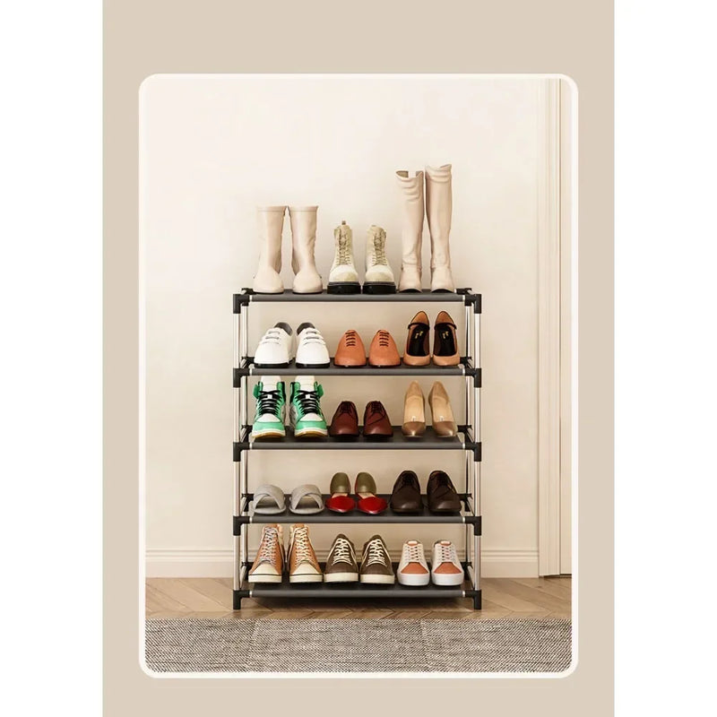 Sapateira de metal elegante, organizador simples de calçados, suporte que economiza espaço, prateleira preta para sala de estar