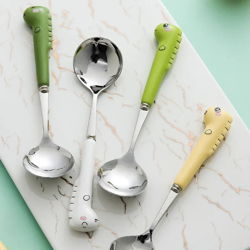 Conjunto de Talheres Dinossauro Divertido: Colher e Garfo de Cerâmica para Crianças!