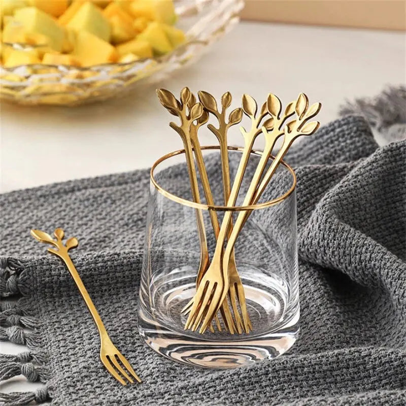 Garfos Dourados Criativos, Aço Inoxidável, Para Aperitivos ou Sobremesa, Louça para Cozinha, 6pcs