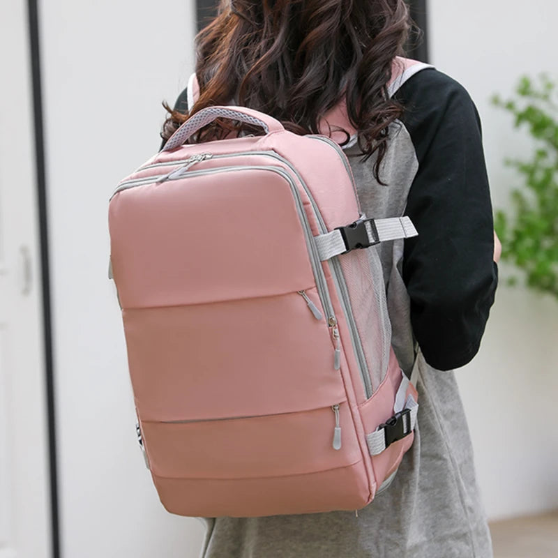 Mochila de viagem feminina, grande capacidade, à prova d'água, antifurto, casual, com alça de bagagem e porta de carregamento USB