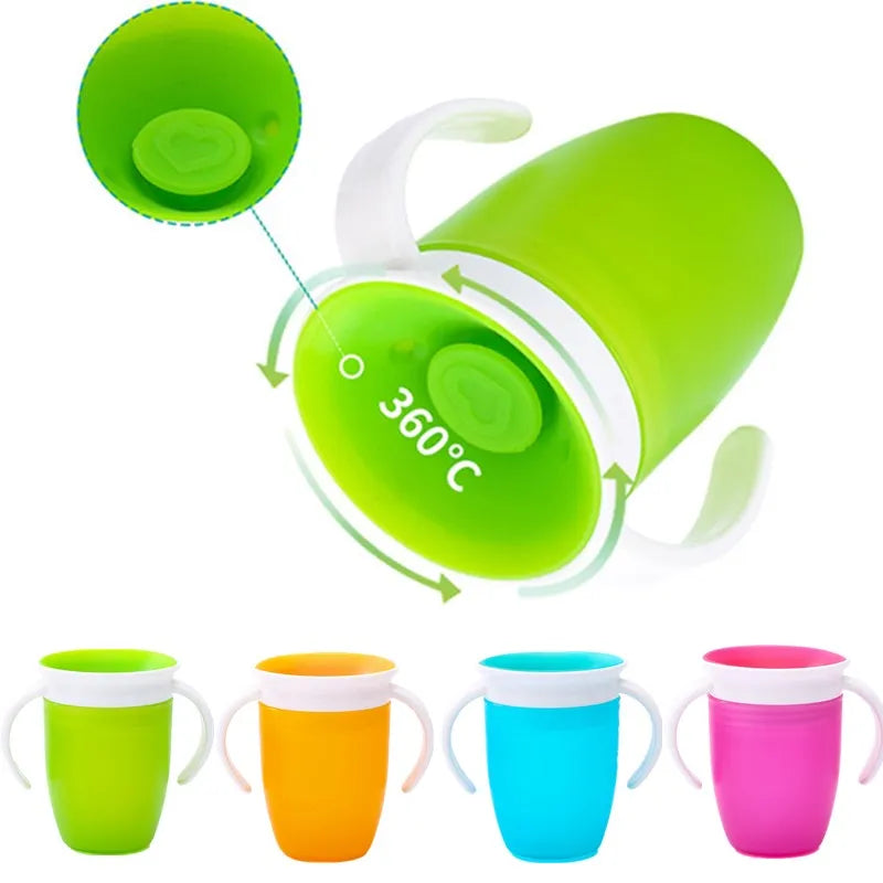 Copos de água para bebês com rotação de 360º, copo para aprender a beber com alça dupla, tampa flip à prova de vazamento, garrafa de água para bebês