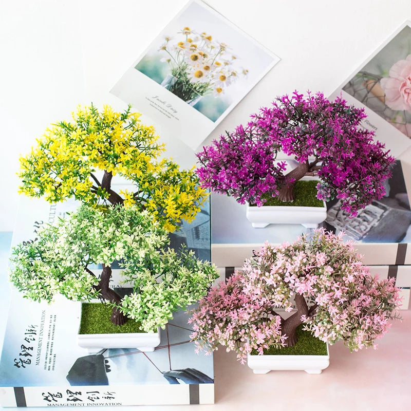 Árvore pequena artificial, bonsai, decoração, planta, flores, ornamentos
