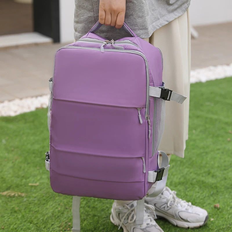 Mochila de viagem feminina, grande capacidade, à prova d'água, antifurto, casual, com alça de bagagem e porta de carregamento USB