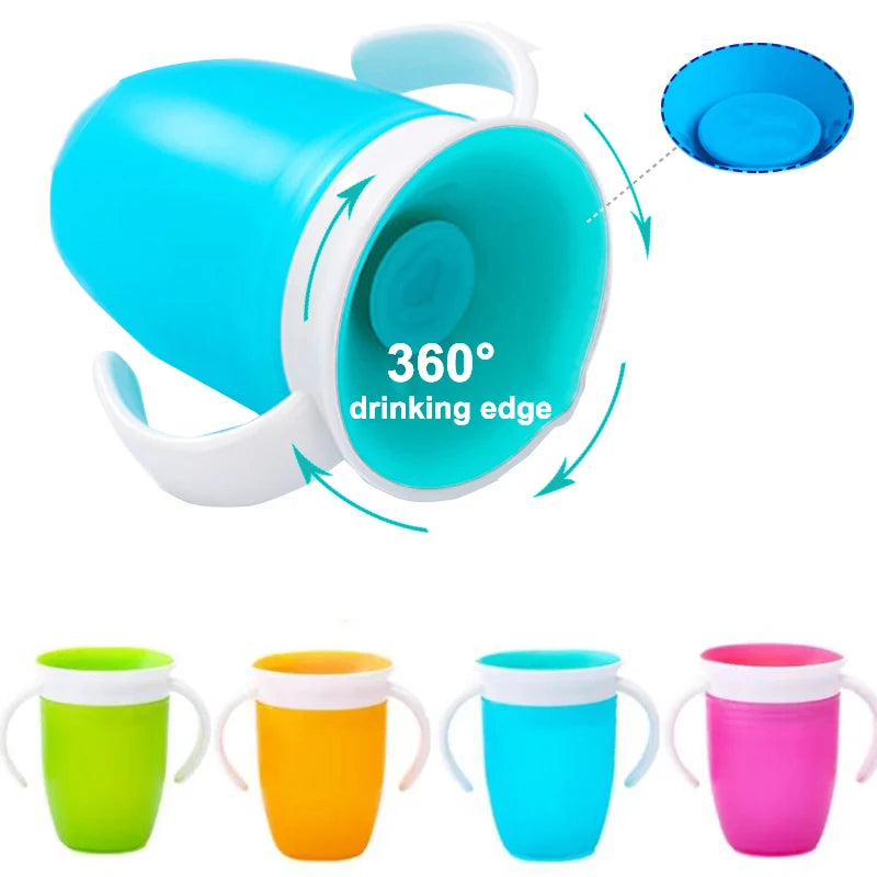 Copos de água para bebês com rotação de 360º, copo para aprender a beber com alça dupla, tampa flip à prova de vazamento, garrafa de água para bebês