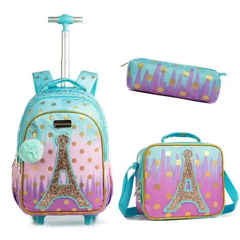 Conjunto de Mochila Escolar com Rodinhas para Meninas