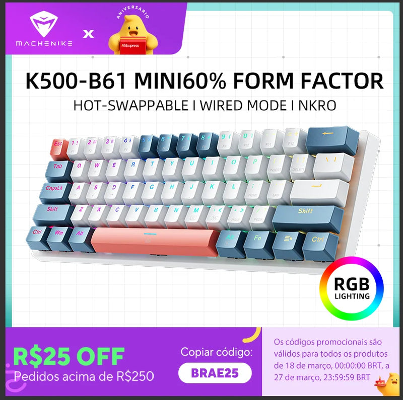 Mini teclado mecânico Machenike K500-B61, 60%, 61 teclas, com fio, RGB