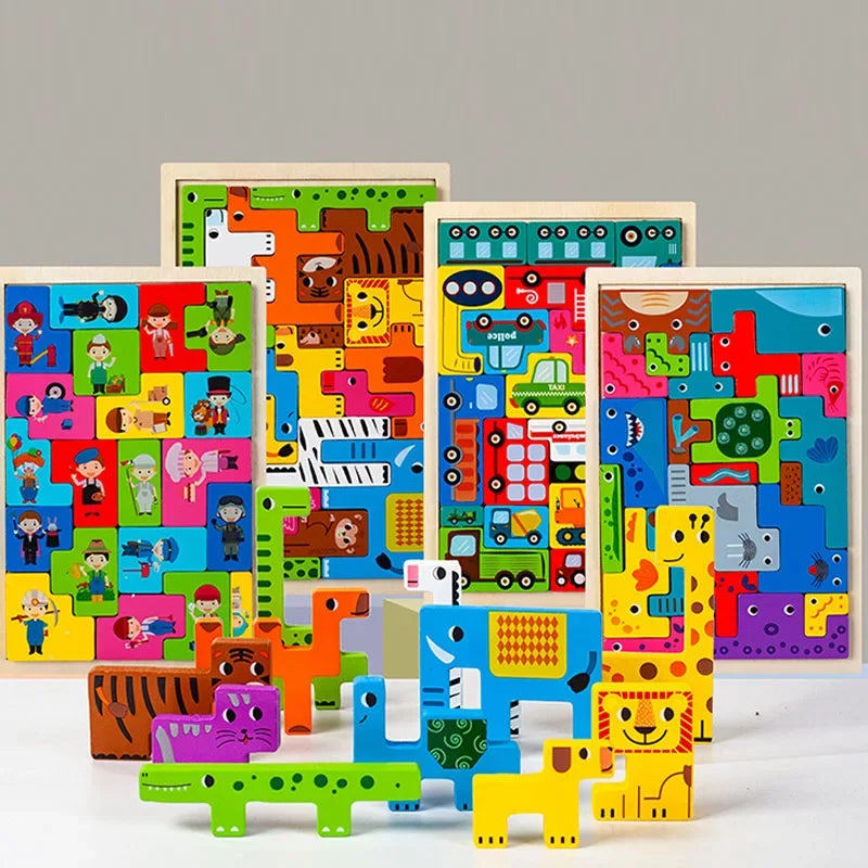 Jogo de madeira Tangram Math Cube para crianças, 3D Cartoon Puzzle, formas de imaginação, brinquedo educativo para crianças, pré-escolar, novo