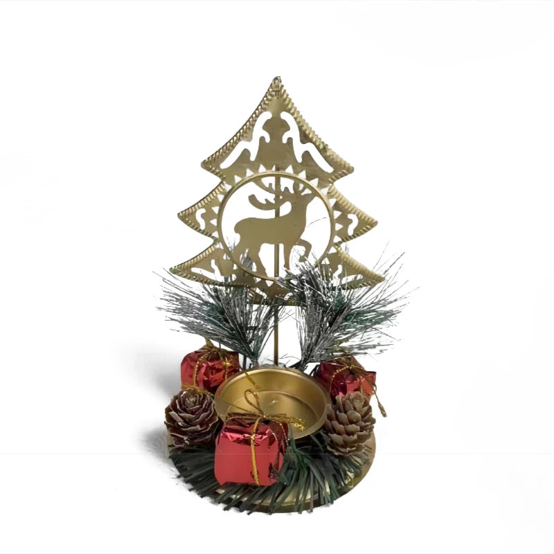 Suporte para Velas de Natal – Porta-Velas em Forma de Papai Noel, Rena e Árvore em Ferro Dourado para Decoração de Mesa