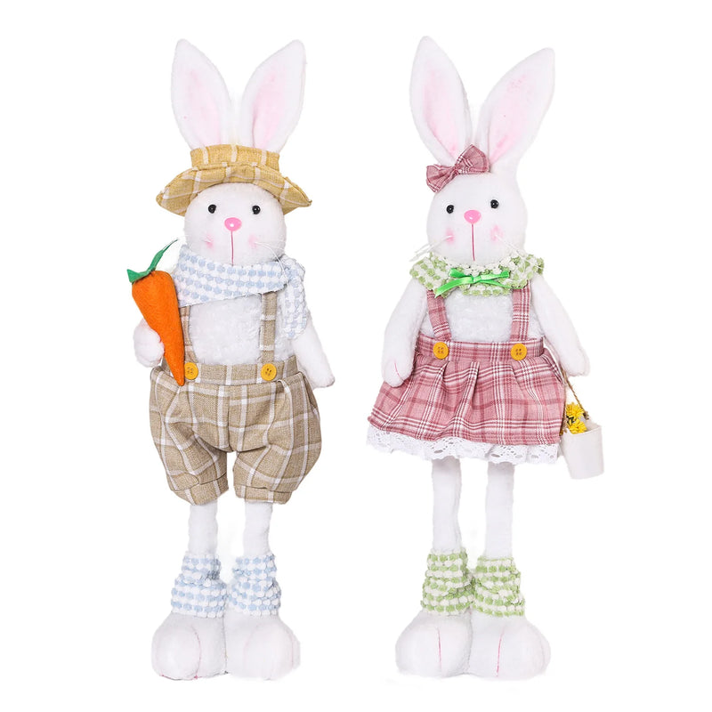 Coelho Decorativo de Páscoa – Pernas Retráteis, Estilo Cartoon, Casal de Coelhinhos com Roupas