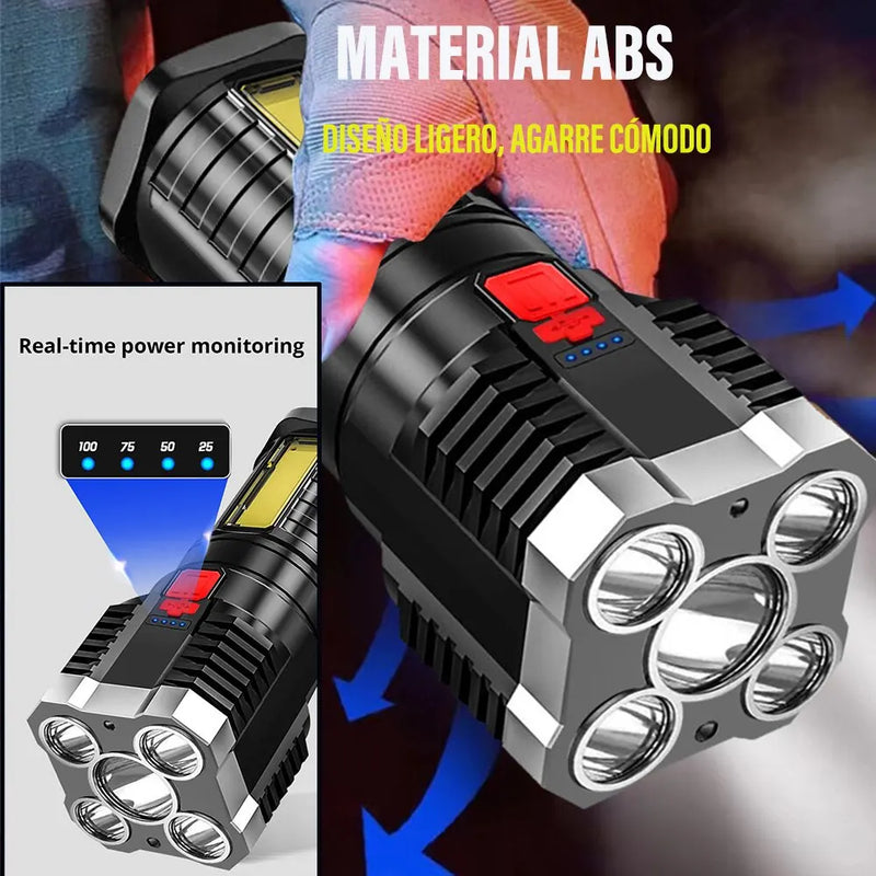 Lanterna LED de Alta Potência 5LED Recarregável, com Luz Lateral, 3 Modos de Iluminação, para Camping / Aventura Ao Ar Livre