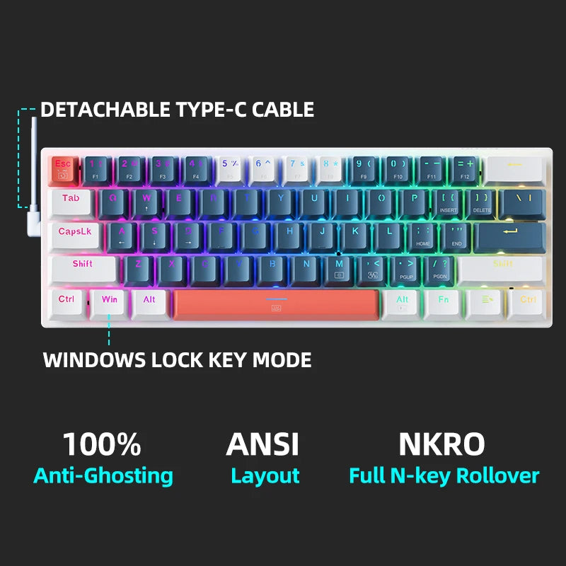Mini teclado mecânico Machenike K500-B61, 60%, 61 teclas, com fio, RGB