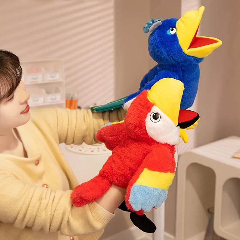 Brinquedo de pelúcia para bebê, boneca macia, papagaio, coruja, águia, flamingo, pavão, copaly, brinquedos educativos, fantoche de dedo