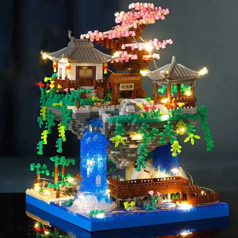 Brinquedo de montagem de bloco de construção feminino, flor de pêssego, lagoa, castelo, infantil, arquitetura antiga, alta dificuldade