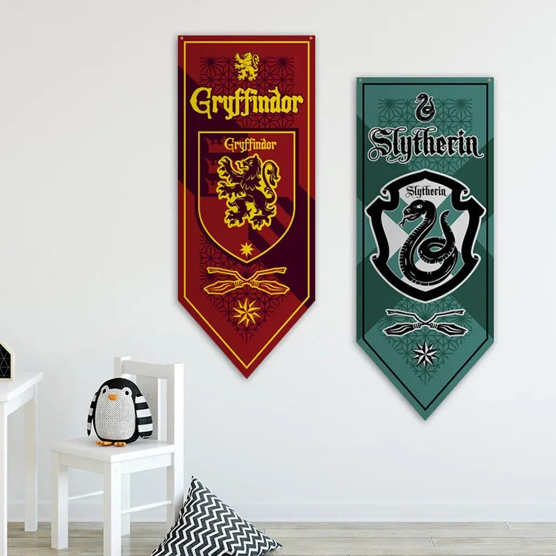 Bandeira temática Harry Potter, filme de Hogwarts, decoração de festa interior, brinquedos infantis presentes, Sonserina, Grifinória, Lufa-Lufa, Corvinal