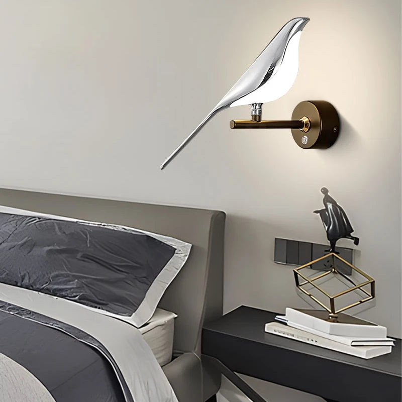 Luzes de parede LED de pássaro prateado, rotação 360°, interior, lâmpadas de parede LED para quarto, corredor, AC85-265V