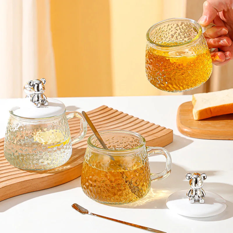 Copo De Café De Vidro Com Alça E Tampa, Decoração de Urso, Simples Estilo, Copo De Café Da Manhã, Copo De Chá Transparente