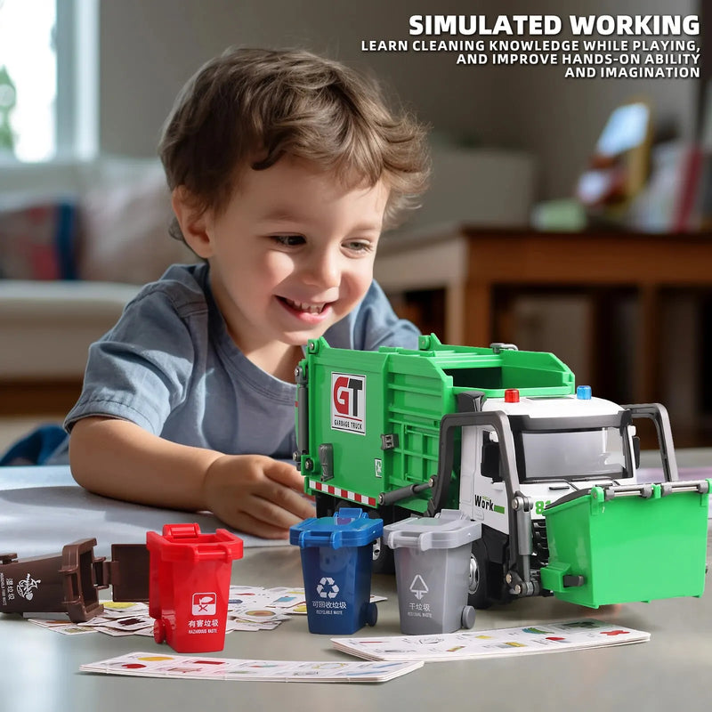 Brinquedos de caminhão de lixo para meninos, caminhão de lixo brinquedos metal fundido, caminhão de lixo de brinquedo movido a fricção com luz e sons, lixo t
