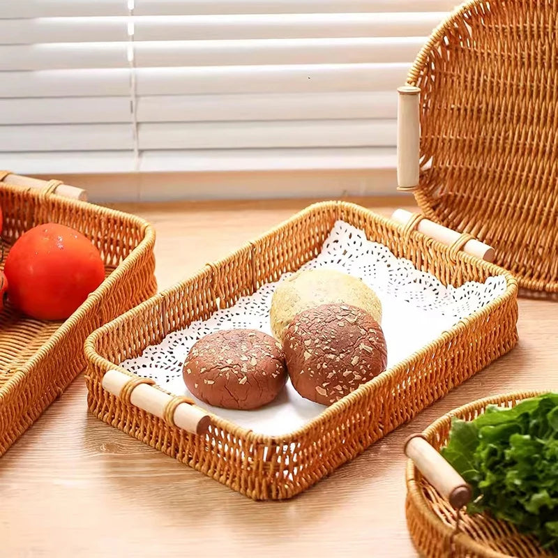 Bandeja Tecida Redonda com Cabo de Madeira, Cesta De Armazenamento Para Frutas, Café Da Manhã, Bebidas, Lanche, Mesa, Diversos, Organizador, Pratos De Pão
