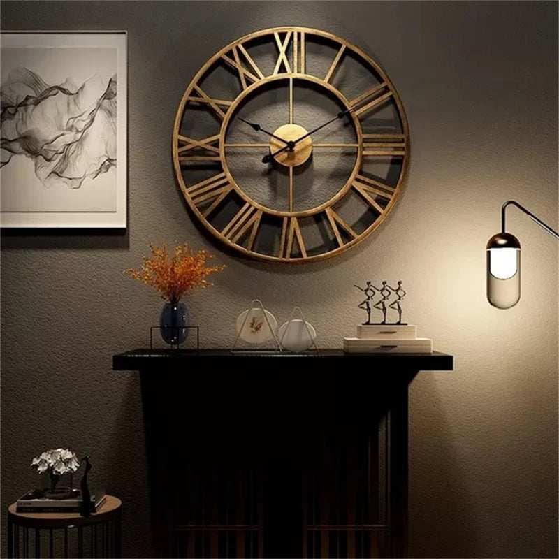 Moderno 3D grandes relógios de parede numerais romanos retro redondo metal ferro preciso silencioso nórdico pendurado ornamento decoração da sala estar