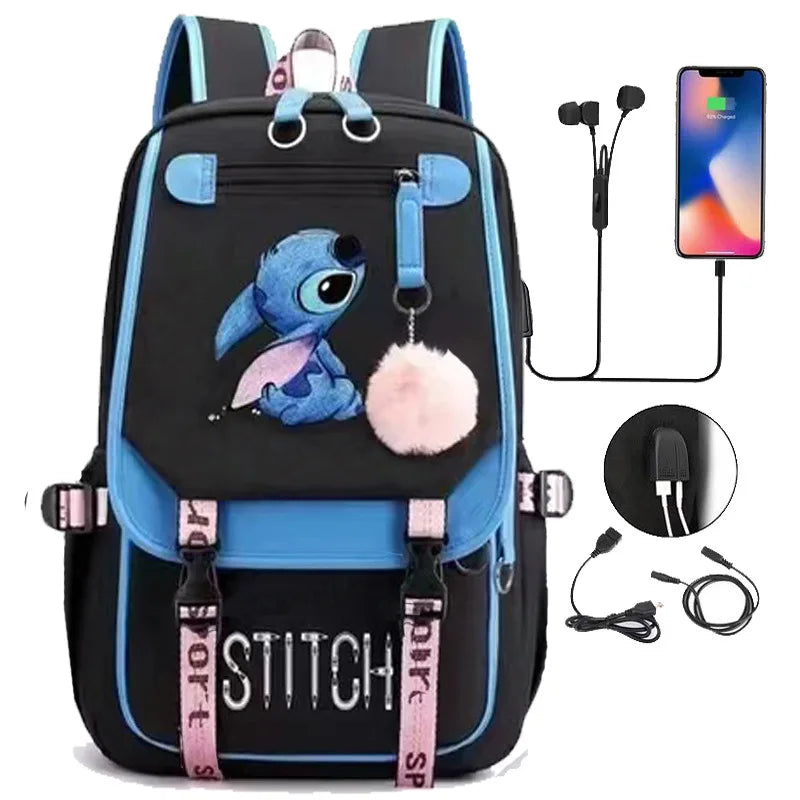 Mochila Escolar Disney Lilo & Stitch – Mochila com Carregamento USB para Meninos e Meninas