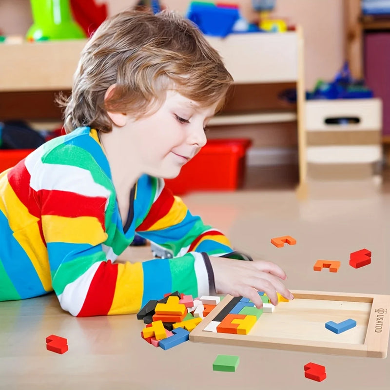 Quebra-Cabeça de Blocos em Madeira – Tangram Colorido e Educativo para Crianças e Bebês
