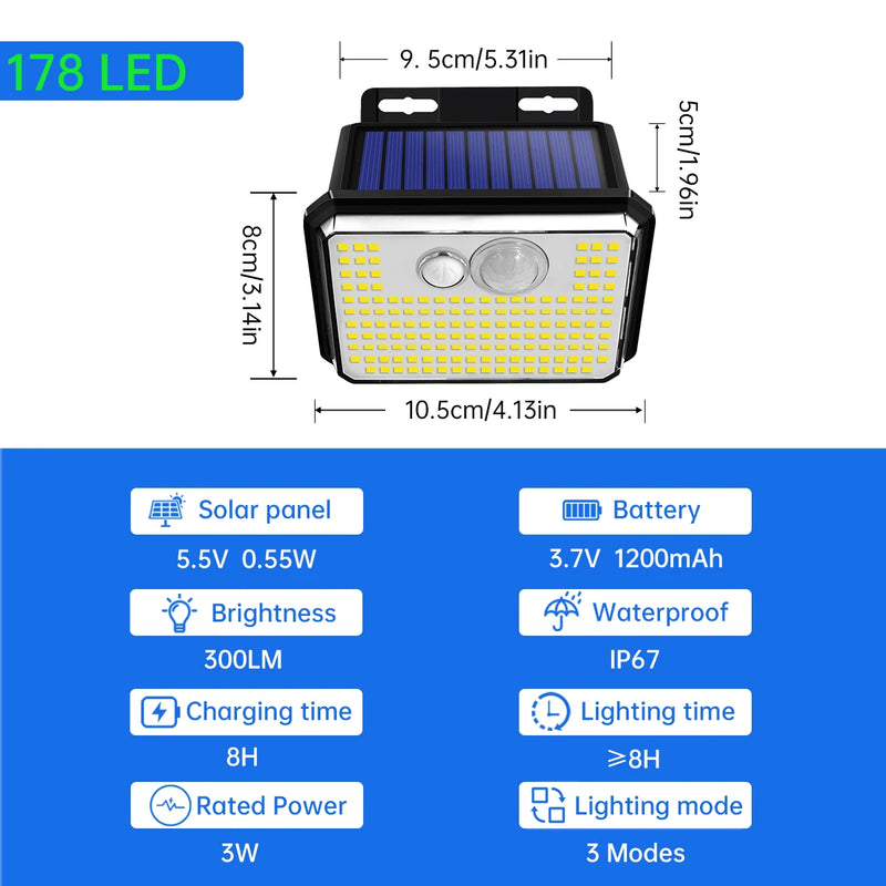 Lâmpada exterior com painel solar super potente a prova d'água com sensor de movimento