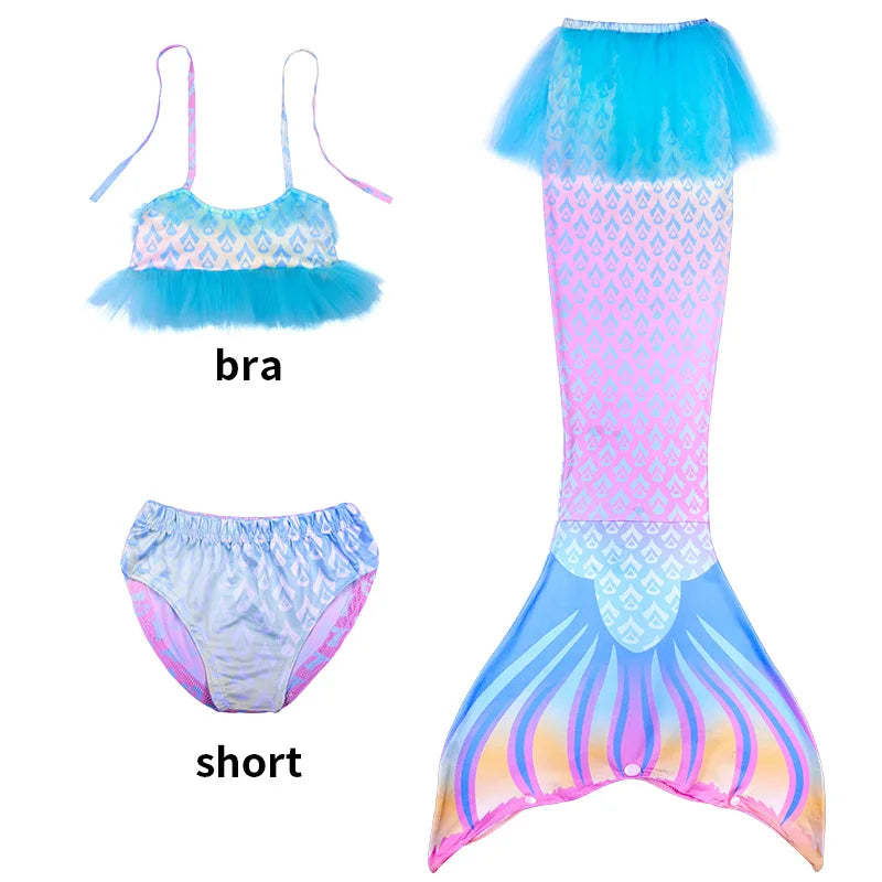 Conjunto de 3 Peças de Fantasia de Sereia para Meninas - Maiô Infantil para Festa na Piscina e Cosplay (4 a 13 anos)