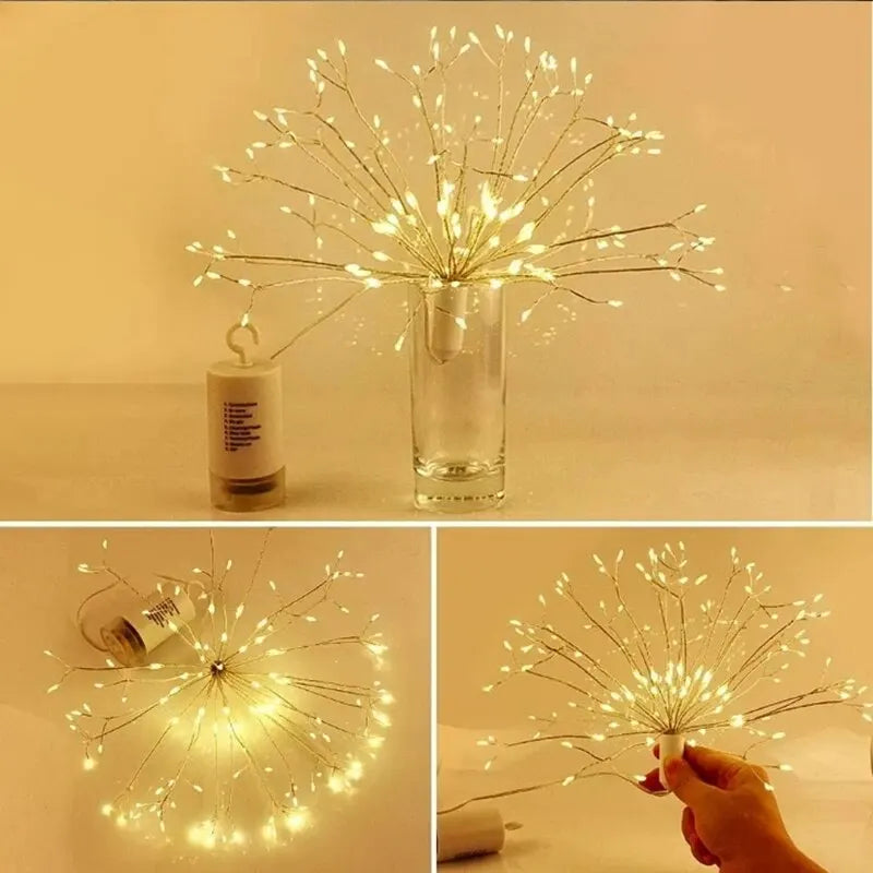 Decorações de Natal - Luminária Dandelion Fogos de Artifício com Luzes LED de Festão, 200 LEDs, Controle Remoto, Cordão de Luzes com 8 Modos