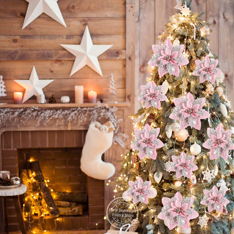 Flores de Natal com Glitter 14cm – Enfeites Artificiais para Árvore, Conjunto com 5/10 Peças