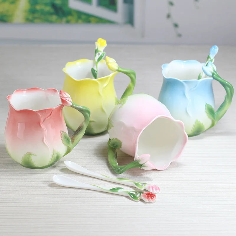 Caneca De Café De Cerâmica Floral Criativa, Xícaras em forma de flores 3D, Copos, 4 cores, Cozinha
