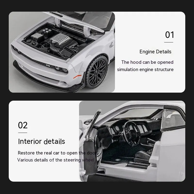 Carro de brinquedo Dodge Challenger em metal fundido, Hellcat Modelo, Pull Back, Som e Luz, Escala 1:32